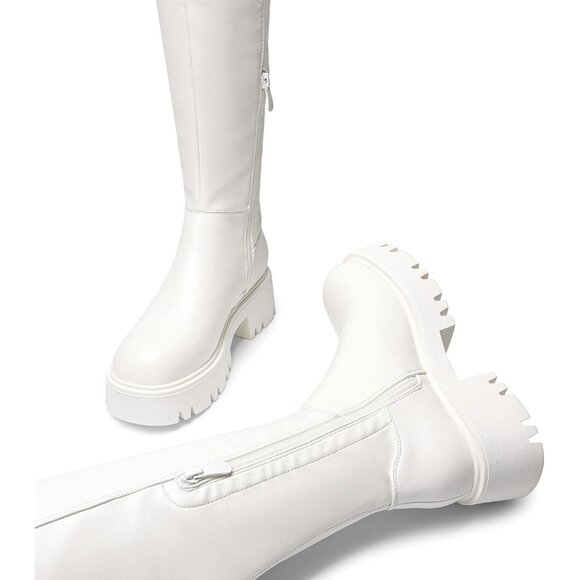 🆕Women's White-pu Faux Leather Over The Knee Lug Sole Round Toe Thigh High Boot - Picture 8 of 11